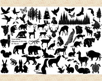 Forest Animals & Elements AI Vector (No SVG) and PNG Files, Animals and Forest, Trees, Birds, Deer, Wolves, Bears, Buffalo, Fox, Llama