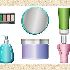 Peut inclure: Un ensemble de six produits de beaut&eacute; comprenant un miroir rond, un tube de lotion vert, un flacon de savon bleu &agrave; pompe, un pot de cr&egrave;me violet, un flacon de parfum rose et une palette de fards &agrave; paupi&egrave;res noire avec cinq nuances de bleu, vert, rose et marron.