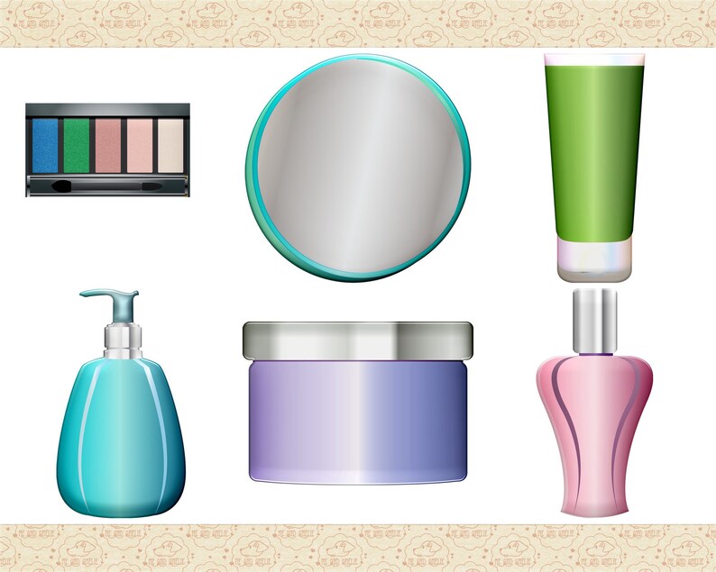 Peut inclure: Un ensemble de six produits de beaut&eacute; comprenant un miroir rond, un tube de lotion vert, un flacon de savon bleu &agrave; pompe, un pot de cr&egrave;me violet, un flacon de parfum rose et une palette de fards &agrave; paupi&egrave;res noire avec cinq nuances de bleu, vert, rose et marron.