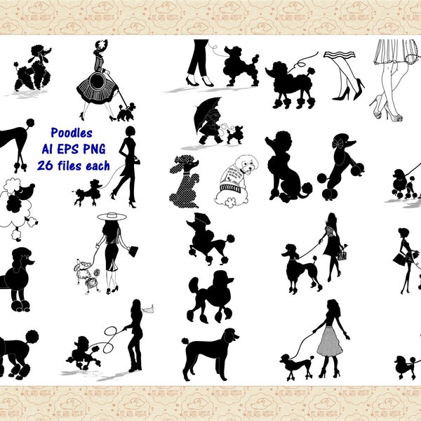 Poodles and Their Owners Silhouettes AI EPS (Vector) & Png(Not SVG Files) Walking a Poodle, French Poodles, Women and Poodles, Commercial