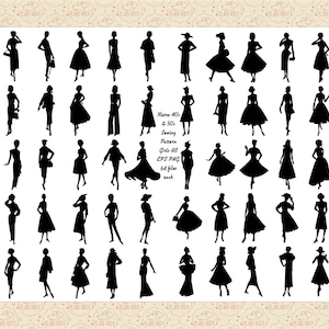 Sewing Pattern Girls Vector (40's, 50's, 60's) AI EPS Png  (Not a SVG, Be Aware) Women Fashion Retro Silhouettes, Vintage Women, Retro Girls