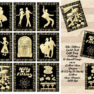 Gold Foil Nifty Fifties Gift Tag Collage, 1950s Party Favors, Sock Hop, 9 tags on 1 Letter Size, Print*Cut, Junk Journals, Commercial OK