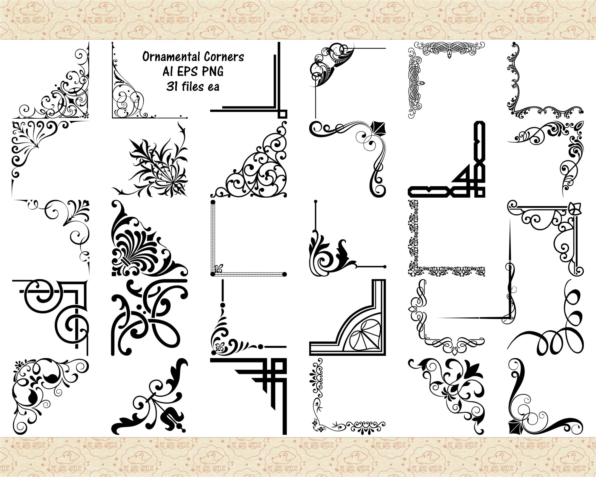 Ornamental Corner Vector Graphics - AI EPS PNG Clipart (31 Files