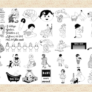 Vintage Babies, Toddlers and Moms AI EPS (Vector) & PNG (No SvG Files) Baby Line Art, Boy Baby, Girl, Mother and Child, Retro Babies
