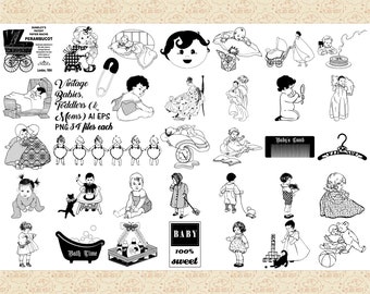 Vintage Babies, Toddlers and Moms AI EPS (Vector) & PNG (No SvG Files) Baby Line Art, Boy Baby, Girl, Mother and Child, Retro Babies