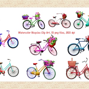 Aquarel fietsen illustraties, fietsen met manden, fietsen met bloemen, ballonnen, aquarel illustraties, commercieel gebruik OK