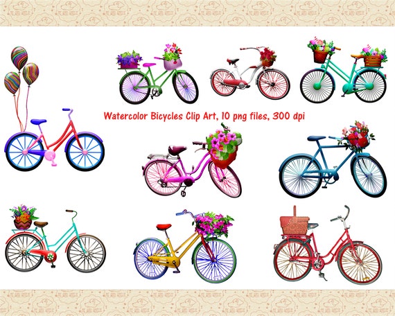 Watercolor Bicycles Clip Art, Bicycles w/ Baskets, Bicycles w/ Flowers, Balloons, Watercolor Clip Art, Commercial Use OK