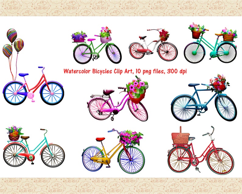 May include: Ten watercolor illustrations of bicycles with floral baskets. Each bicycle is a different color and has a unique design. Watercolor Bicycle Clip Art, 10 png files, 300 dpi.