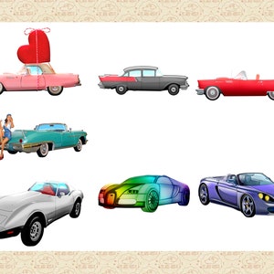 Pu&ograve; includere: Una collezione di sei auto d'epoca e moderne di vari colori, tra cui un'auto rosa con un grande cuore rosso in cima, un'auto nera, una decappottabile rossa, un'auto verde acqua, un'auto argentata e un'auto arcobaleno.