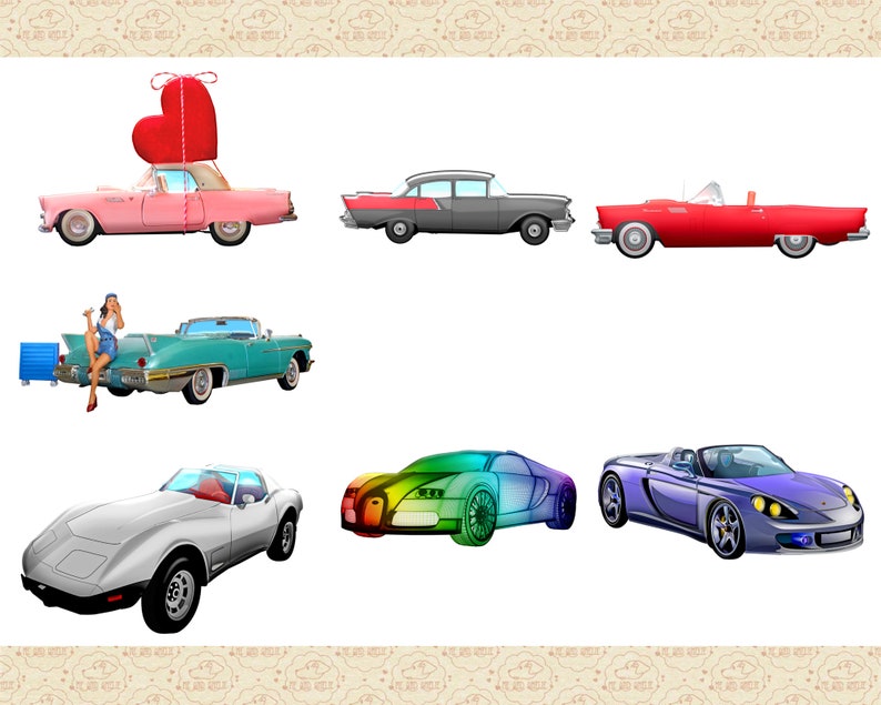 Pu&ograve; includere: Una collezione di sei auto d'epoca e moderne di vari colori, tra cui un'auto rosa con un grande cuore rosso in cima, un'auto nera, una decappottabile rossa, un'auto verde acqua, un'auto argentata e un'auto arcobaleno.