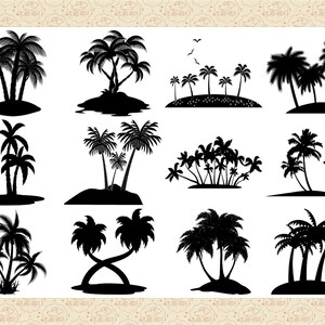 May include: A collection of 12 black silhouette images of palm trees, some with multiple trunks, on small islands. The images are isolated on a white background.