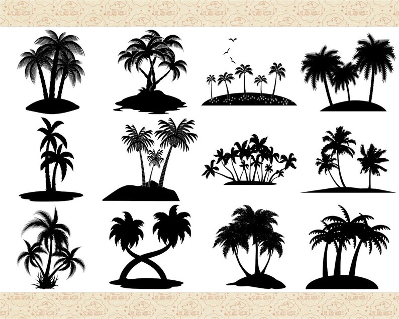 May include: A collection of 12 black silhouette images of palm trees, some with multiple trunks, on small islands. The images are isolated on a white background.