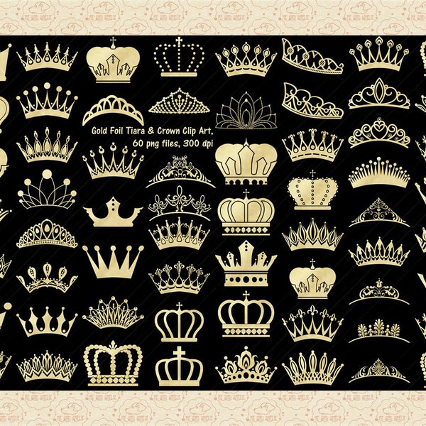 Gold Foil Tiara & Crown Gold Foil Silhouettes ClipArt, Princess Clip Art, Prince, Queen, King, Fantasy ClipArt, Birthday Graphics