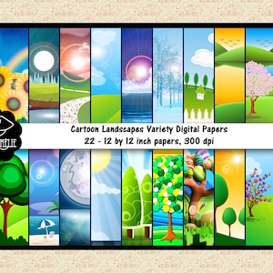 Paisajes de dibujos animados Variedad Papeles Digitales, Papeles de Cielo y Tierra, Papeles de Vías Navegables, Casas, Girasoles, Paisajes Lunares, Papeles de Nieve, Comercial OK