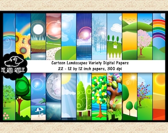 Cartoon Landscapes Variety Digital Papers, Sky and Land Papers, Waterways Papers, Houses, Sunflowers, Moonscapes, Snow Papers, Commercial OK