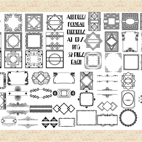 Art Deco/Nouveau Frames Elements Bundle, AI EPS (Not SvG) and Png,Gatsby Labels, Roaring 20's, Art Deco, Art Nouveau Scrolls, Gatsby Wedding