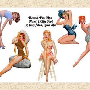 Retro Pin Up Girls Beach Edition Part 1 ClipArt, Vintage Restored Pin Ups, Mid Century Modern Women, Vargas Girls, Retro Women Clip Art