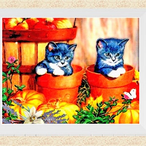 Chatons dans un pot de fleurs sur du papier cartonné, impression d'art aquarelle numérique * 8 1/2 par 11 pouces * impression et cadre * fabrication de cartes * rustique * ferme * commercial OK