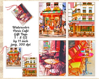 Etiquetas de regalo con acuarela de café parisino, juego de 8, arte de bistró francés
