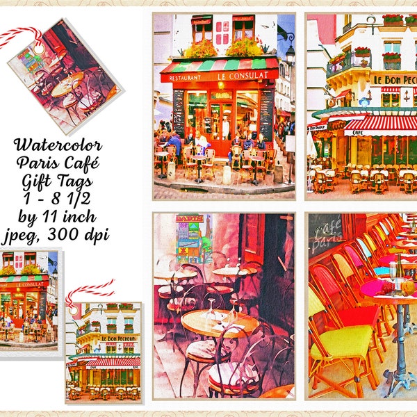 SALE 99 CENTS Watercolor Paris Café Gift Tags Collage Sheet, Gift Card Making, Thank You Cards, Bistrots, Sidewalk Café, Commercial OK
