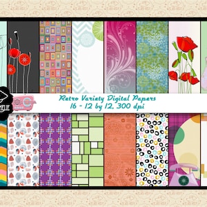 SALE 99 CENTS, Retro Mid Century Atomic Age Variety Digital Papers, Mid Century Modern Patterned Papers, 1950s, 1960&#39;s, Geometric, CU 0K