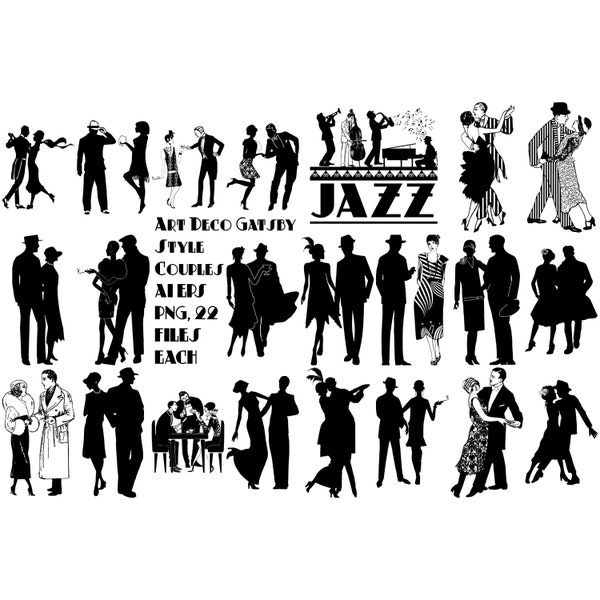 Gatsby Style Party Couples AI EPS Vector and PNG, Roaring 20s, Gatsby Wedding, Flapper & Mobster Clip Art
