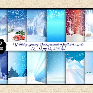 Documenti digitali di paesaggi innevati di Natale, biglietti di Natale fai-da-te, foresta di betulle, uccelli, auto di Natale, modello di neve vuota per carte, fattoria