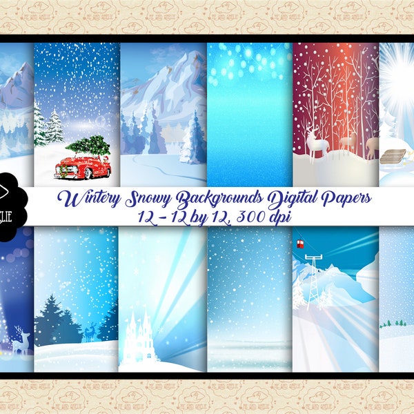 Christmas Snowy Scenery Digital Papers, Christmas Card DIY, Birch Forest, Birds, Christmas Cars, Blank Snow Template for Cards, Farmhouse
