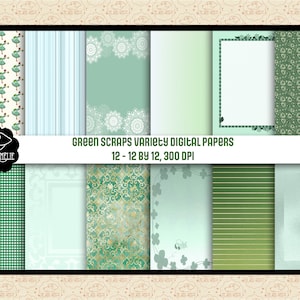 May include: A set of 12 digital papers featuring green and white patterns. The papers are 12 inches by 12 inches and 300 DPI. The patterns include gingham, stripes, lace, and floral designs.