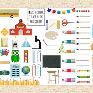 Clip art de retour à l’école, Fournitures scolaires, Peintures, Crayons, Maison d’école, Seau de déjeuner, Bruant, Bordure crayon, Bureau, Calculatrice, Livres, Colle