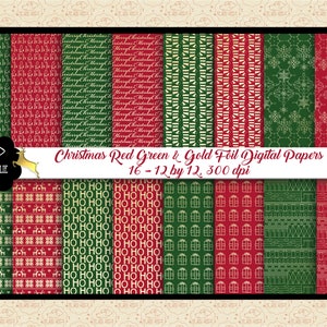 Papéis digitais de folha de ouro, verde e vermelho de Natal, cartão de Natal DIY, padrões de Natal dourados, vermelho e dourado, modelo de Natal, comercial OK
