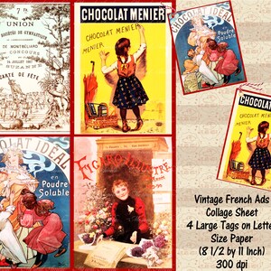 Vintage Franse advertenties Tags, 4 grote tags, kleine notitiekaart DIY, dank u kaarten, Franse advertenties, commerciële OK