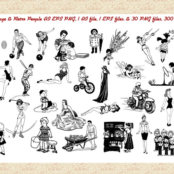 Vintage People Part 2 AI EPS (No SvG) and PNG, Mid Century Modern, Atomic Age, Retro Clip Art, CC0 Public Domain, Pin Ups, Commercial 0K