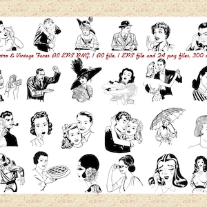 Puede incluir: Un conjunto de 24 ilustraciones vintage en blanco y negro de rostros de personas. Las ilustraciones son de estilo retro y presentan una variedad de expresiones.