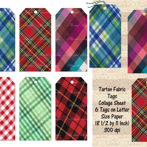 Tartan Fabric Gift Tag Collage Sheet, Christmas Gift Card Making, 6 tags on one Letter Size Paper, Print & Cut, Junk Journals, Commercial OK