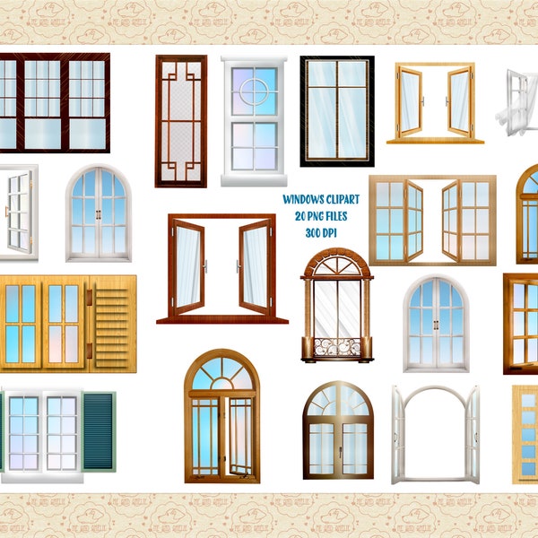 Windows Clip Art, Windowpane Clip Art, Window w/Shutters, Glass Windows, Frame Clip Art, House Window, Curtains in Window, Commercial OK