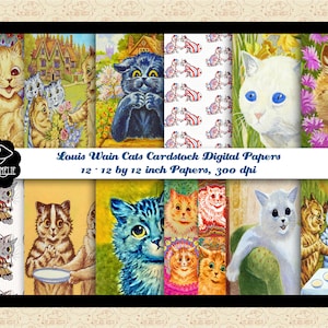 Papier numérique cartonné Louis Wain, artiste britannique, Louis Wain Cats, chats psychédéliques, domaine public CC0, papiers numériques chats, commercial OK