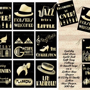 Colagem de etiqueta de presente preta e folha de ouro Gatsby, lembrancinhas de festa Gatsby, 9 etiquetas em 1 tamanho de carta, impressão * corte, diários indesejados, comercial OK