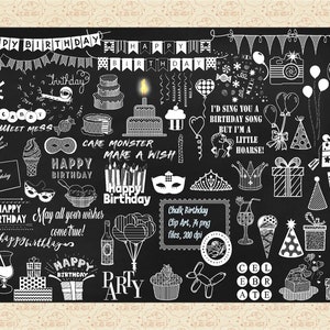 Clip Art de Rabiscos de Aniversário de Giz (não é um Vetor) Clip Art de Aniversário, Bandeirinhas de Giz, Clip Art de Presente, ClipArt de Vela, Feliz Aniversário, Chapéus, CU OK