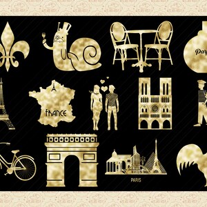 May include: A collection of gold-coloured illustrations depicting various Parisian landmarks and symbols, including the Eiffel Tower, the Arc de Triomphe, a snail, a couple, a rooster, and the words "France" and "Paris".