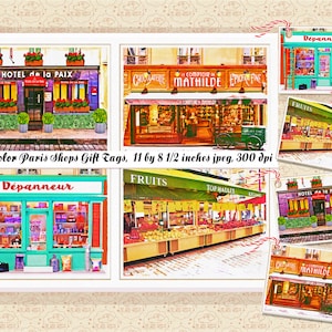 VENTA 99 CENTAVOS, Hoja de collage de etiquetas de regalo de tiendas de París con acuarela, Fabricación de tarjetas, Tarjeta de agradecimiento, Hotel de París, Tiendas vintage, Comercial OK