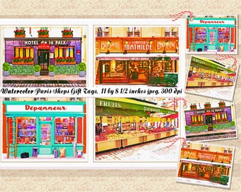 Etiquetas de regalo con acuarelas de tiendas parisinas - JPEG imprimible, Café francés, Mercado