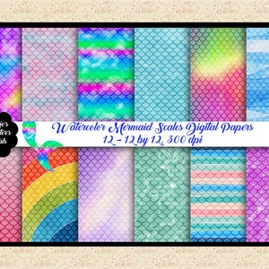 Papéis digitais de escamas de sereia aquarela, lavagens de aquarela com escamas de sereia, cores do arco-íris, fundo de sereia, comercial OK