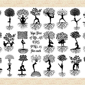 以下が含まれることがあります： ヨガのポーズを生命の木のデザインに組み込んだ、白黒のベクターイラスト23点セット。画像には「Yoga Tree of Life, AI EPS PNG, 23 files each」というテキストが含まれています。