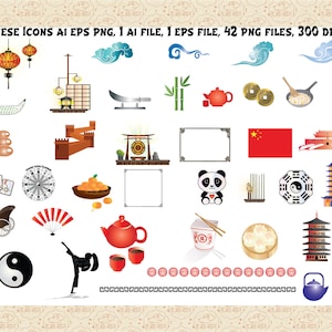 Chinese Icons AI EPS PNG (No SvG Cutting Files) Tea, Food, Chinese Lanterns, Pagodas, Panda Bear, Great Wall, China ClipArt, Commercial 0K