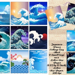 Colagem de etiqueta de presente de ondas japonesas, Kanagawa, Great Wave, confecção de cartão de presente, 9 etiquetas em 1 tamanho de carta, impressão * corte, diários indesejados, comercial OK