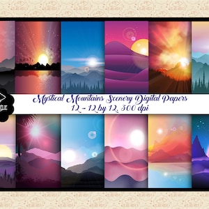 Papéis digitais de montanhas místicas, papel de parede zen, cenário do nascer do sol nas montanhas, papéis digitais do pôr do sol, papéis de meditação, OK comercial