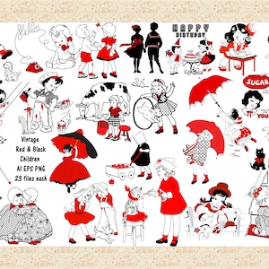 May include: A set of 23 vintage red and black children illustrations. The illustrations feature children in various poses and activities, including playing with a swing, holding an umbrella, and playing with a cat. The illustrations are in a retro style and would be perfect for use in scrapbooking, card making, or other craft projects.