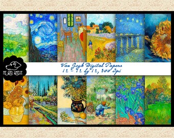 Op de afbeelding: Een digitaal papierpakket met 12 verschillende ontwerpen, geïnspireerd door het werk van Vincent van Gogh. De ontwerpen omvatten iconische schilderijen zoals De Sterrennacht, Zonnebloemen en Iris. Elk ontwerp is 30,48 cm bij 30,48 cm en 300 DPI.