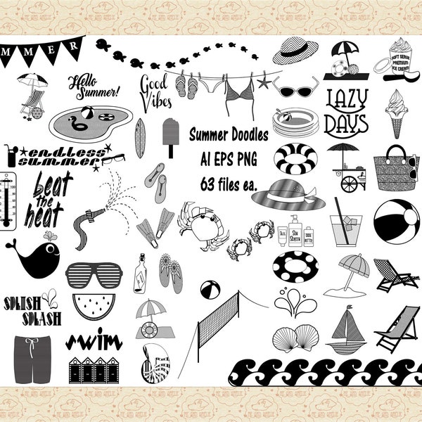 Summer Doodles and Silhouettes AI Vector Files (No SVG) & PNG, Summer Doodles Line Art, Swimming Pool, Volleyball Net, Swimsuits, Word Art